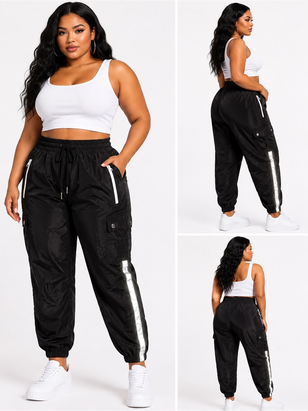 Plus size Women’s Black Cargo Jogger Pants with Silver Stripe